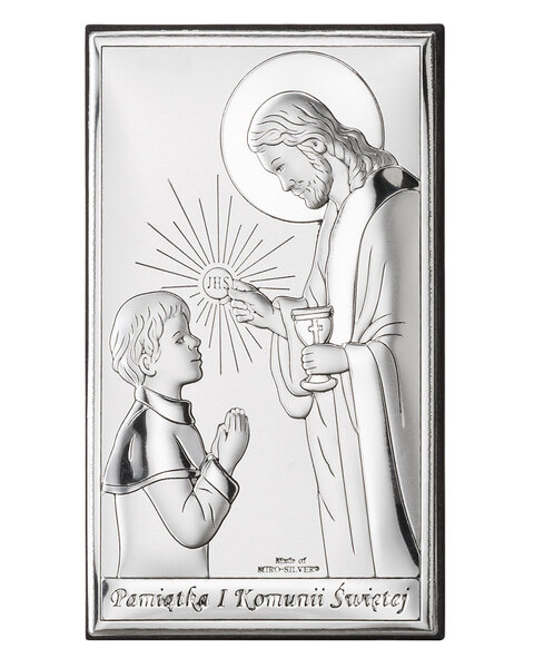 Obrazek na pamiątkę I Komunii Św. z Jezusem udzielającym Komunii chłopcowi
